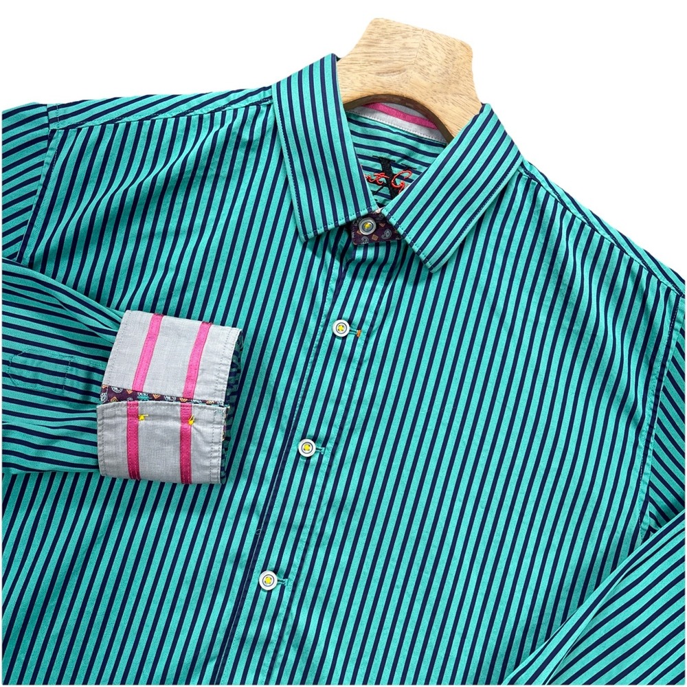 Robert Graham X Shirt Mens L Teal Striped Flip Cuff Plaid Detail Long Sleeve